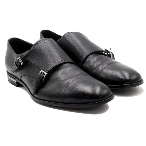 prada saffiano leather double-monk shoe black|Prada Black Double Saffiano Leather Monk Mens Elegant Formal .